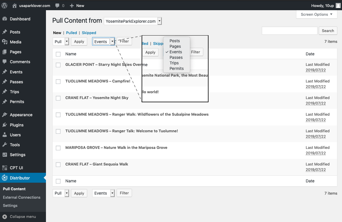 Screenshot Using Distributor to Pull by Content Type