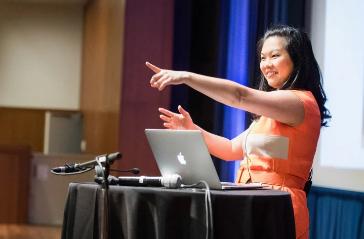 Helen Hou-Sandi speaking at a WordCamp